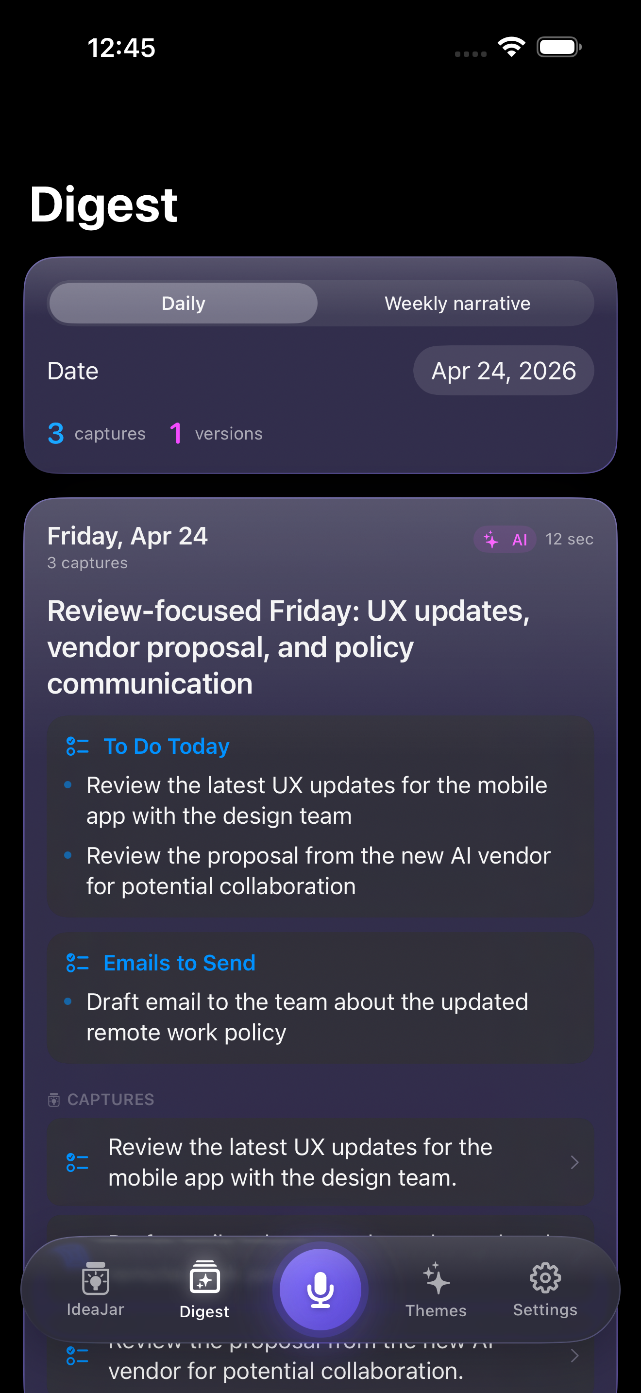 Daily digest grouping the day's captures into review-focused themes