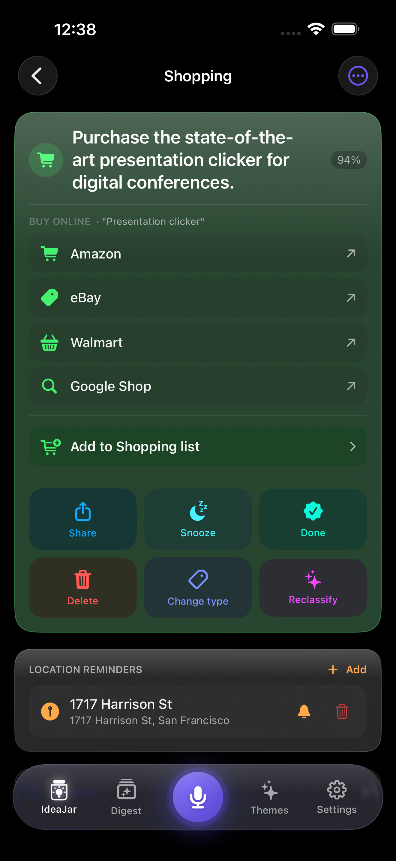 Shopping capture with smart actions linking to Amazon, eBay, Walmart, and a location reminder