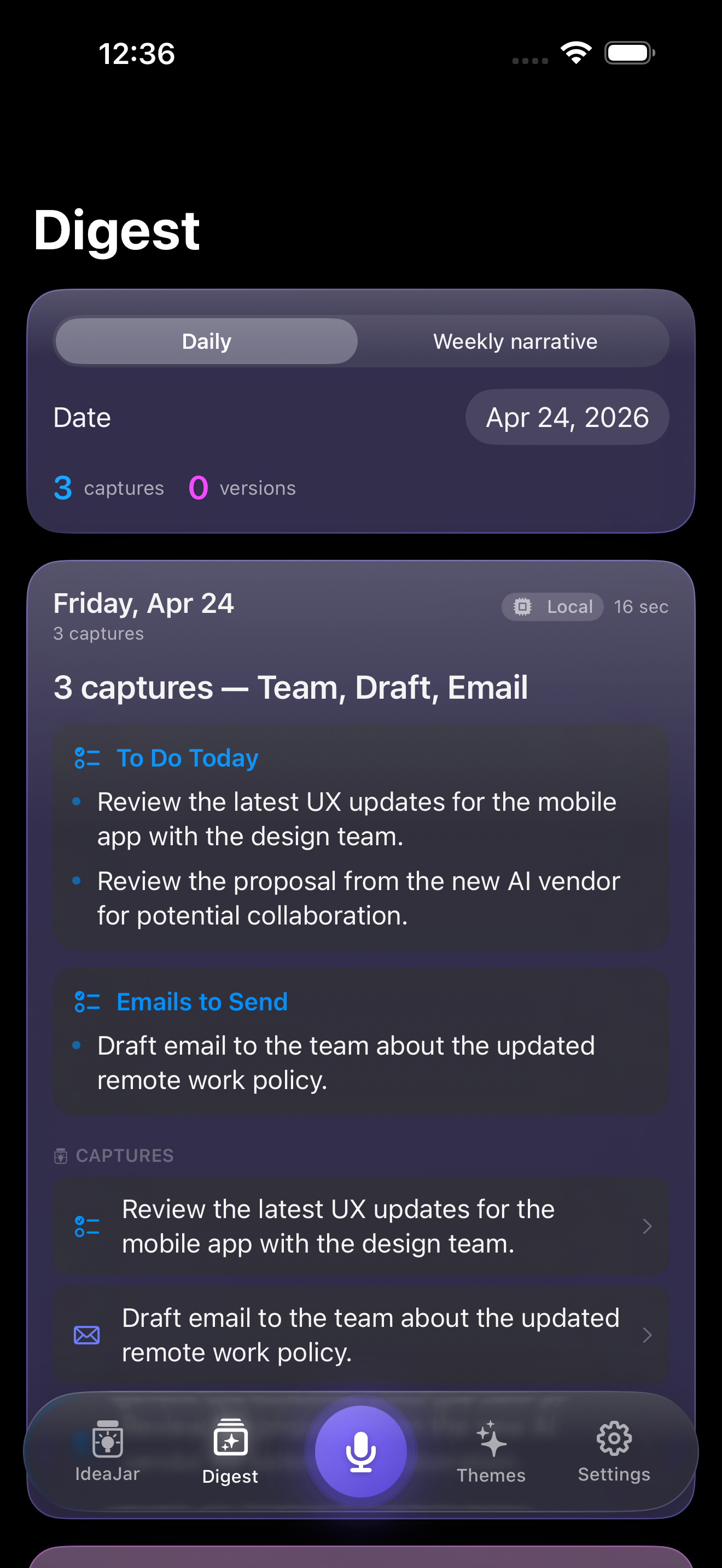Daily digest with team, draft, and email captures