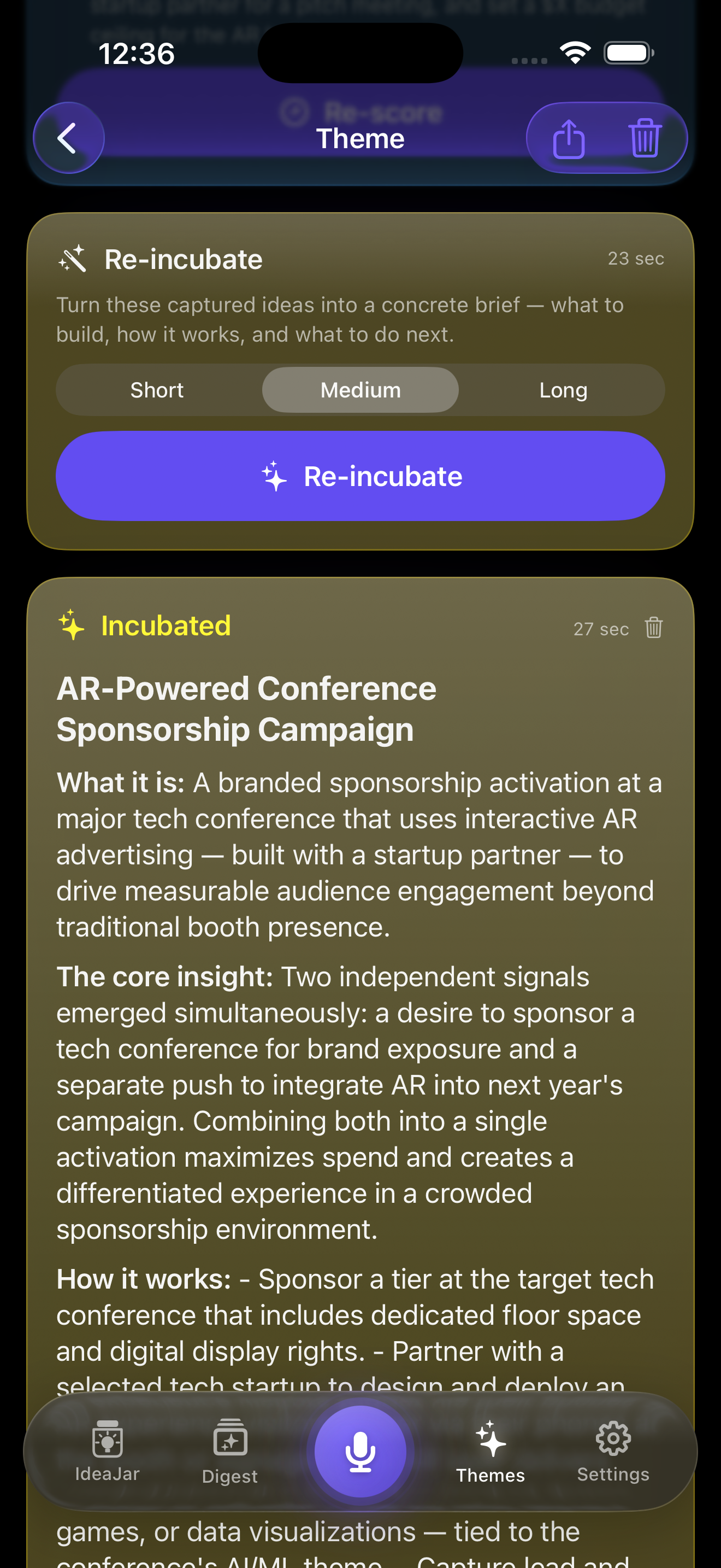 Theme detail view showing a re-incubated AR-Powered Conference Sponsorship Campaign brief