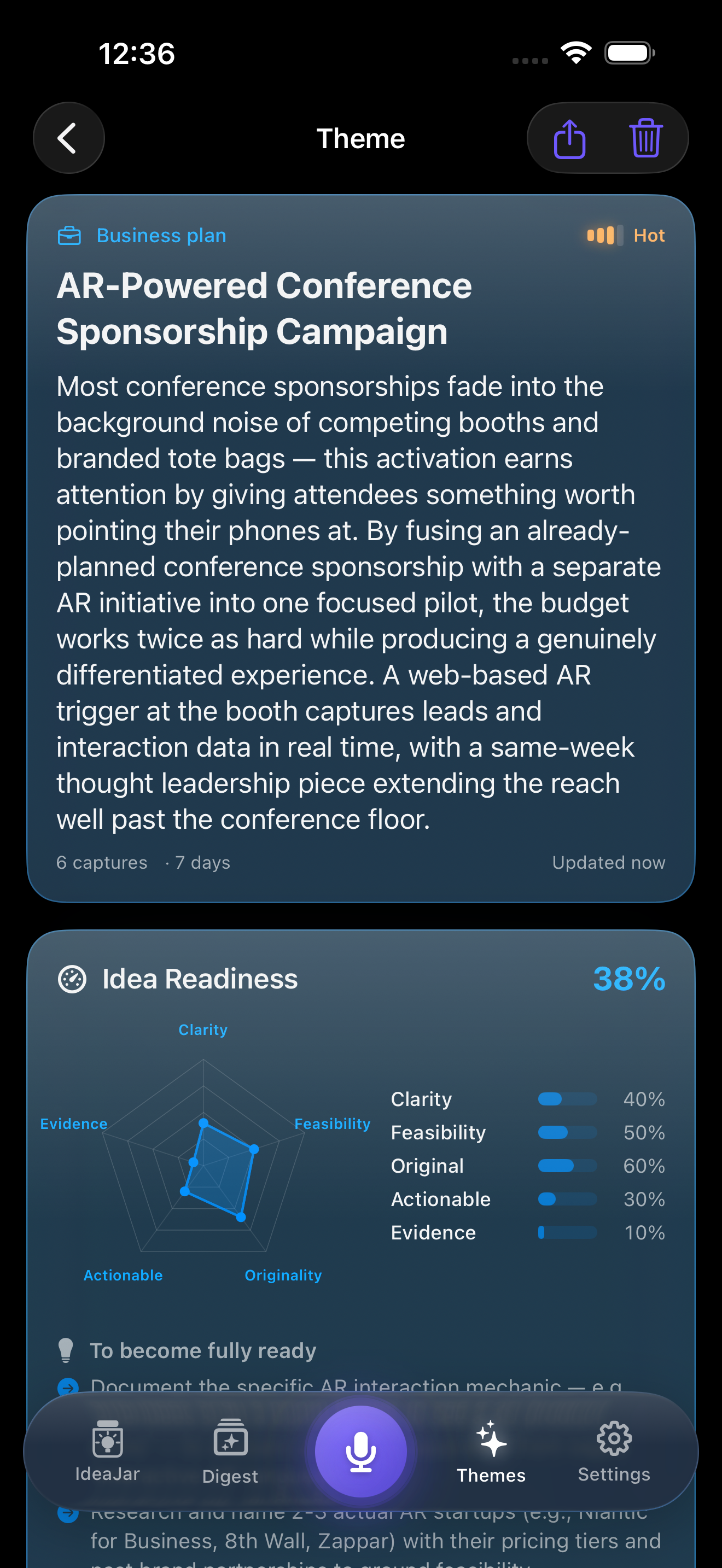 Theme detail view showing an Idea Readiness score across clarity, feasibility, originality, actionability, and evidence