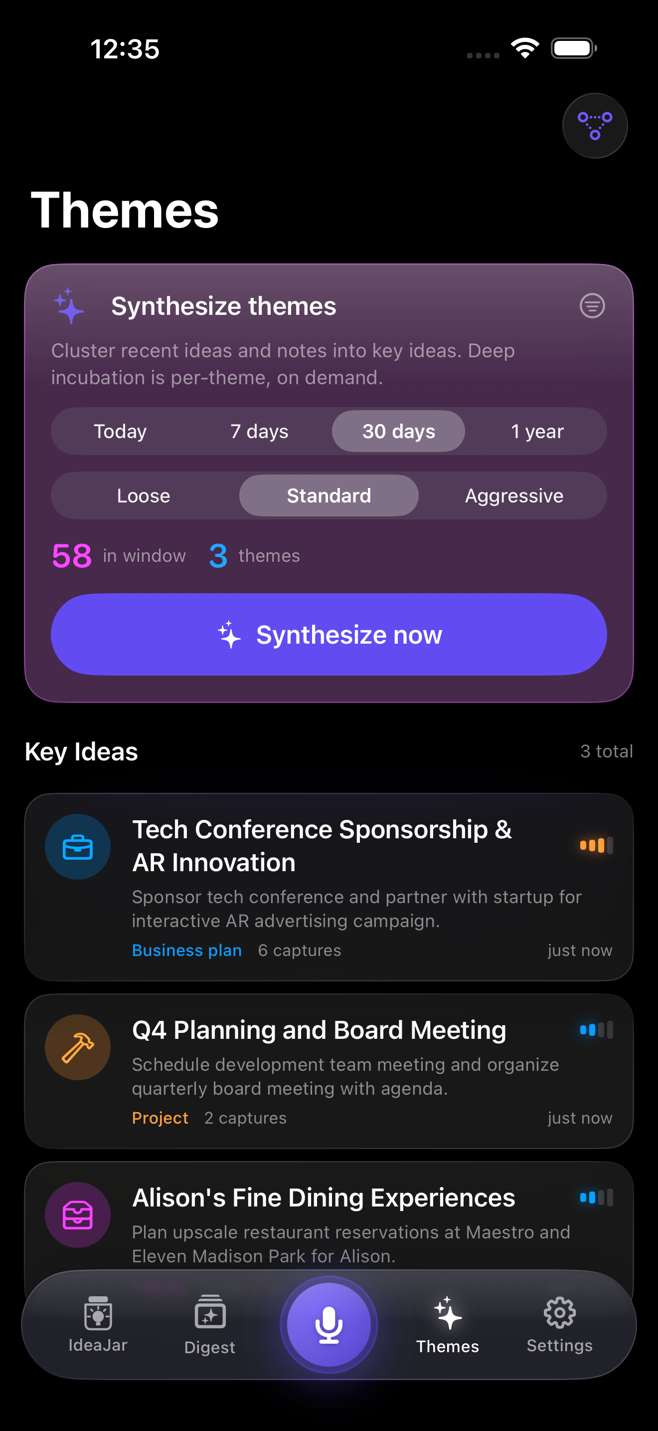 Themes screen showing synthesized key ideas grouped from recent captures