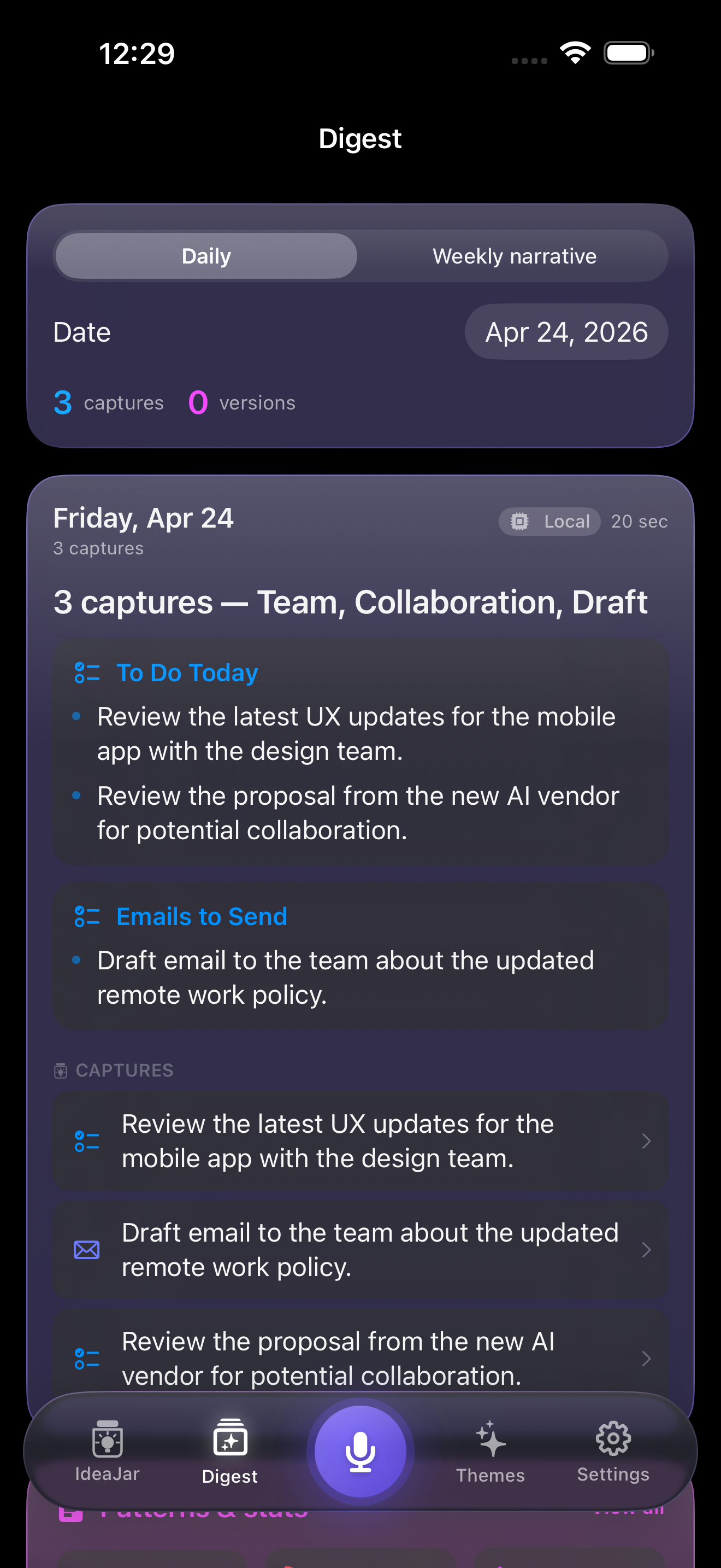 Daily digest grouping captures into to-dos, emails to send, and other action lists