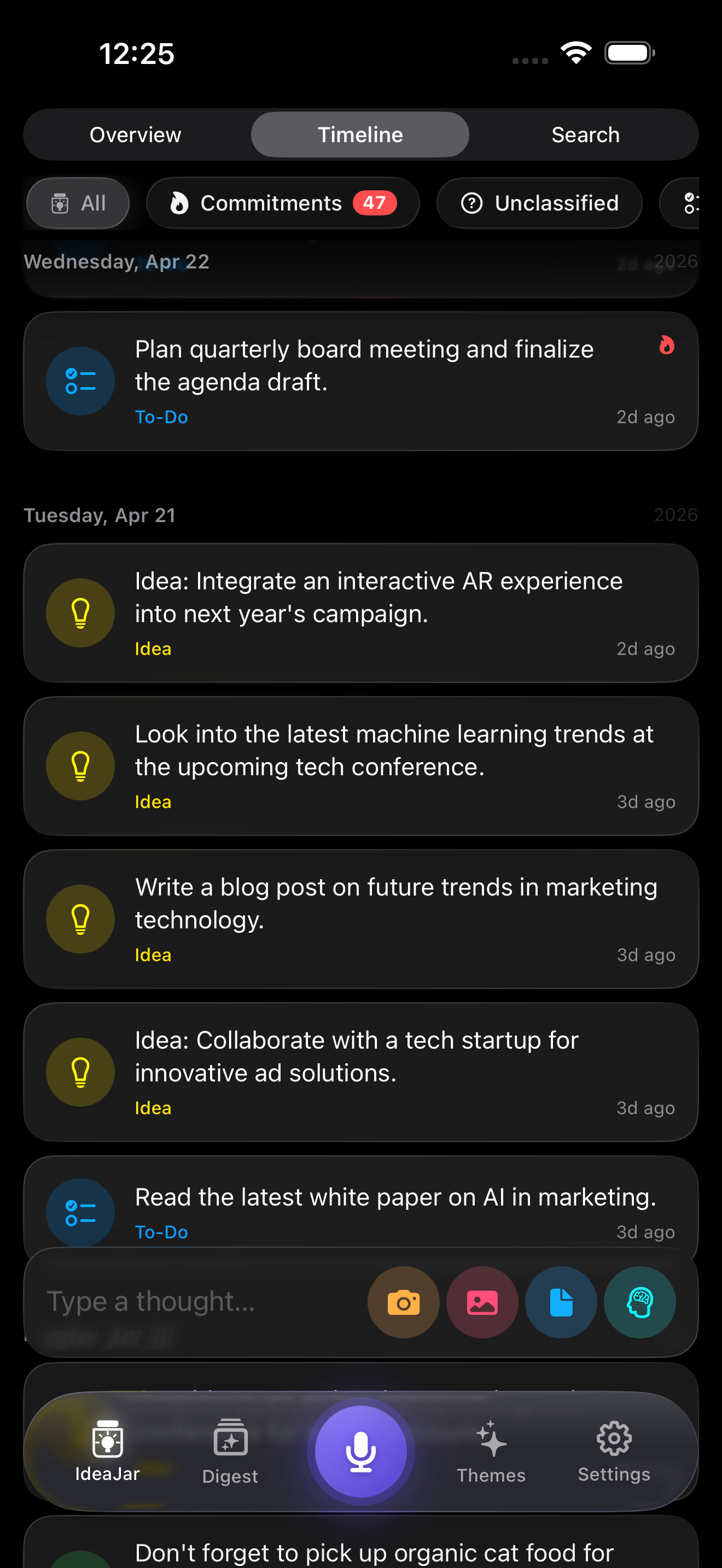 Timeline view of recent captures, including to-dos and ideas