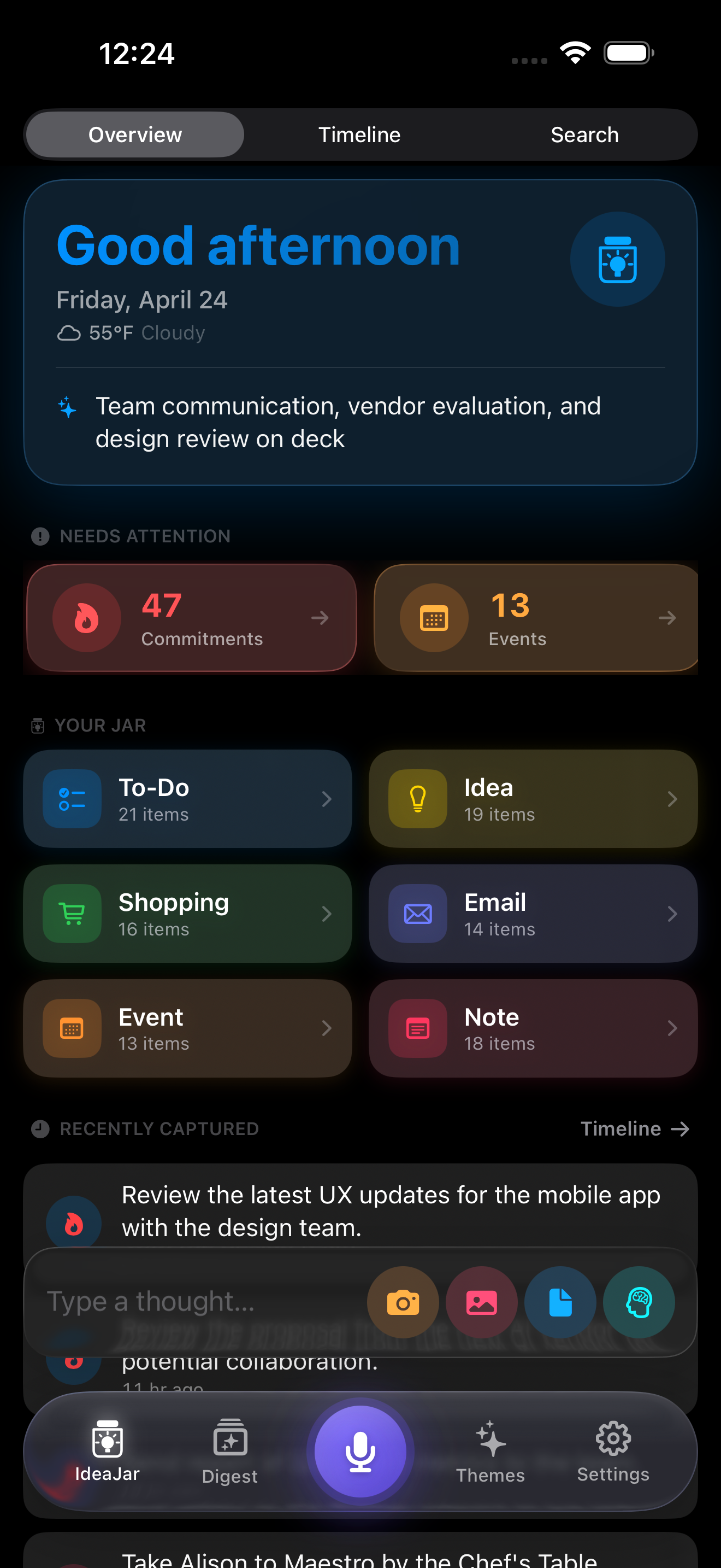 My IdeaJar home screen showing daily greeting, attention items, and capture categories